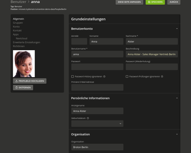 Screenshot vom Univention Portal zeigt die Grundeinstellungen eines Benutzers in UCS 5.0